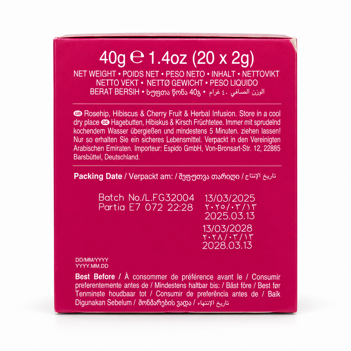 Ahmad Tea măceșe hibiscus și cireșe 20 x 2 g – greutate netă și termen de consum preferabil