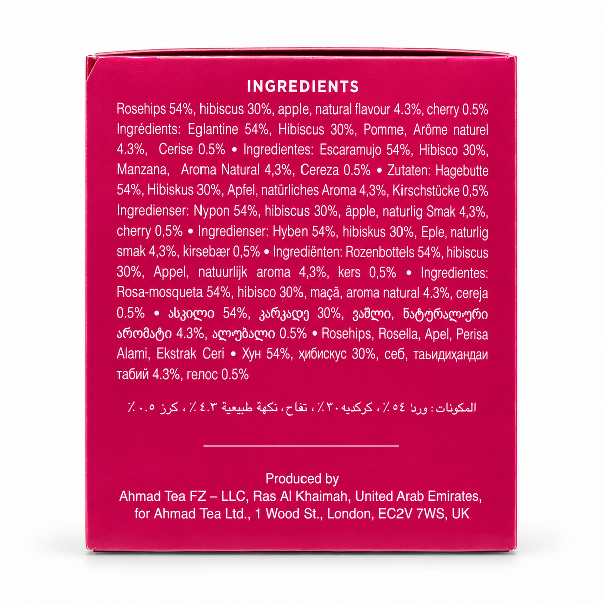 Lista de ingrediente Ahmad Tea Rosehip Hibiscus & Cherry – 54% măceșe, 30% hibiscus, măr, aromă naturală 4,3%, cireșe 0,5%