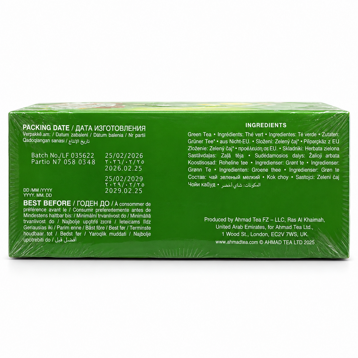 Ingrediente Ahmad Tea Green Tea 100 plicuri – ceai verde; data producției și termenul de consum preferabil