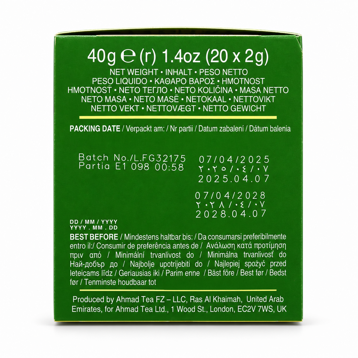 Ceai Ahmad Tea verde cu lămâie – gramaj 40 g, 20 plicuri și termen de consum preferabil