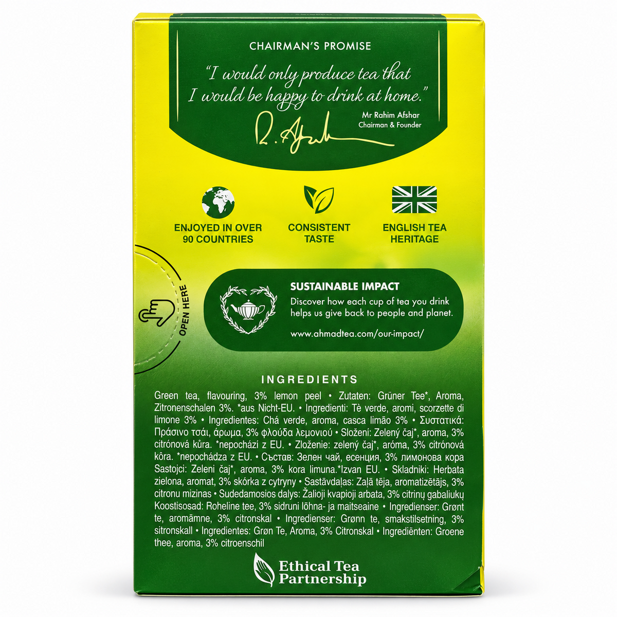 Ahmad Tea Lemon Green Tea – ingredientele ceai verde, aromă, 3% coajă de lămâie