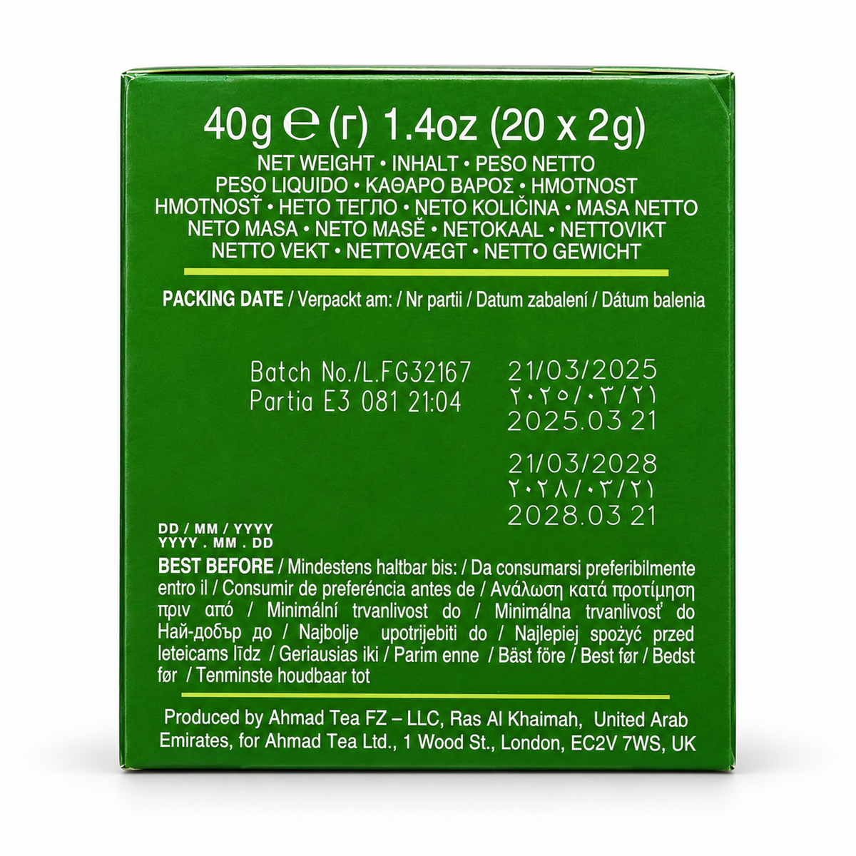 Ahmad Tea ceai verde cu mentă – 20 plicuri a 2 g și informații de ambalaj