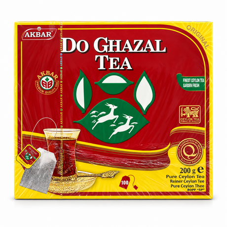 Ceai Akbar Do Ghazal Pure Ceylon 100 plicuri a câte 2 g – fața ambalajului