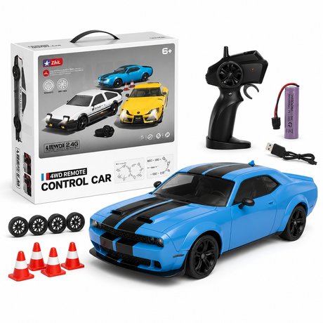 Masina RC Drift pentru Copii, Scara 1:24, Tractiune Integrala, Telecomanda 2.4 GHz, 2 Seturi de Anvelope Speed & Drift, Obstacole si Acumulator Incluse