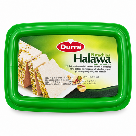 Durra Halva cu Fistic 700 g – vedere de sus a cutiei, capac verde