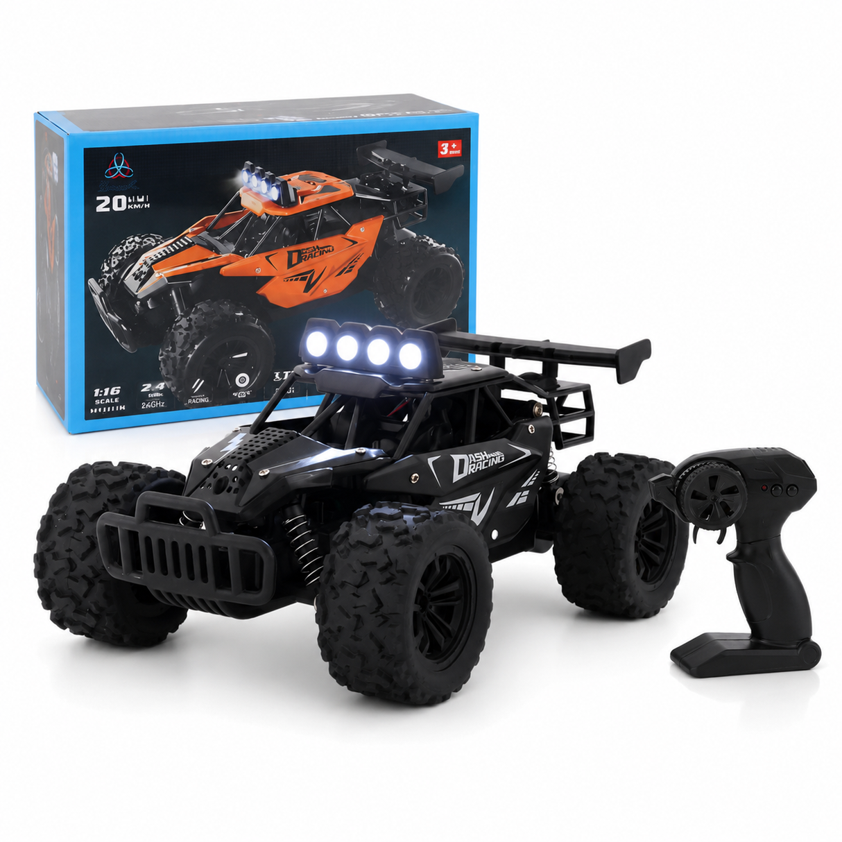 Masina RC Off-Road pentru Copii, Scara 1:16, 20 km/h, Roti All-Terrain, Lumini LED, Telecomanda 2.4 GHz, Acumulator Inclus, Negru