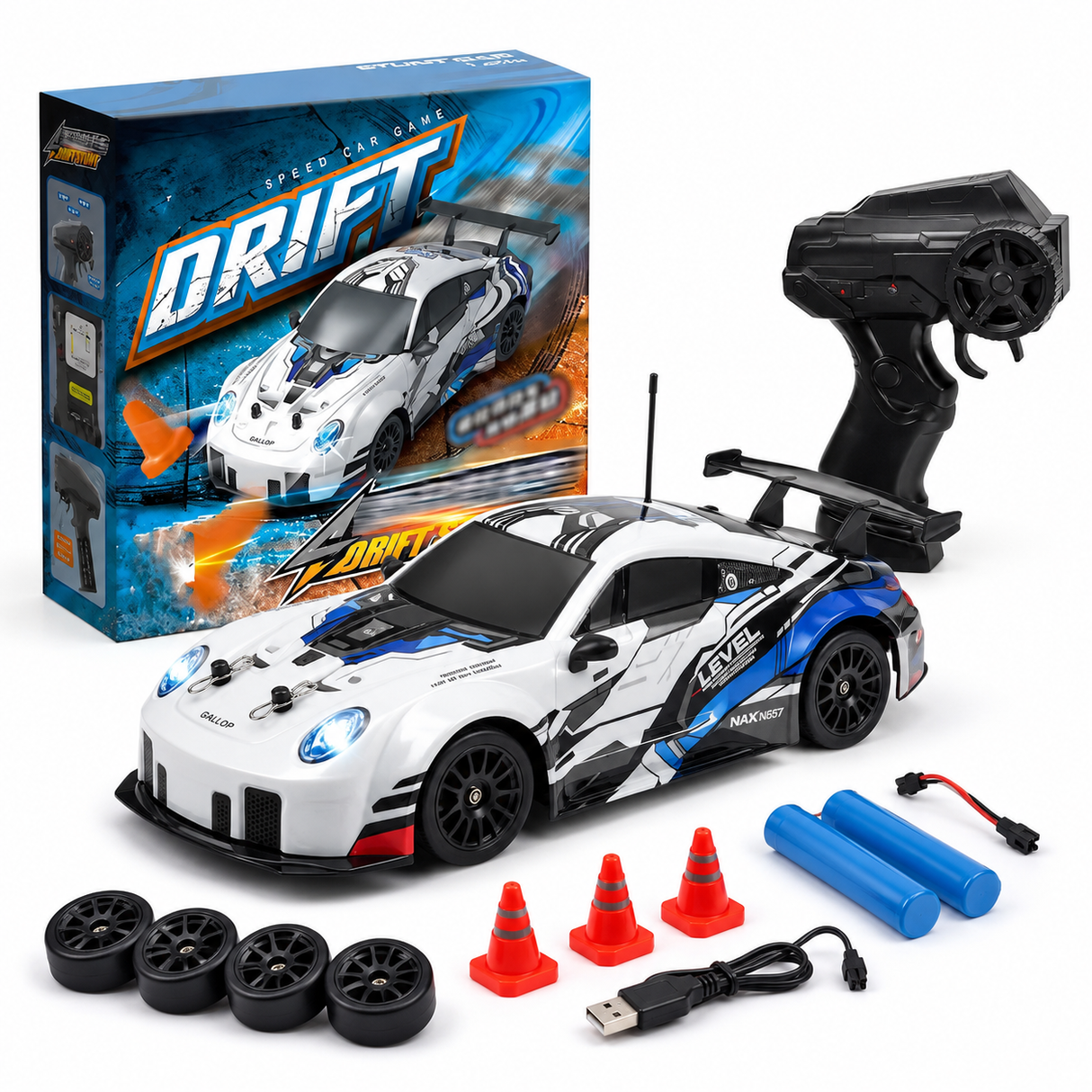 Masina RC Drift pentru Copii, Scara 1:24, Tractiune Integrala, Telecomanda 2.4 GHz, 2 Seturi de Anvelope Speed & Drift, Obstacole si Acumulator Incluse, Albastru (Copy)