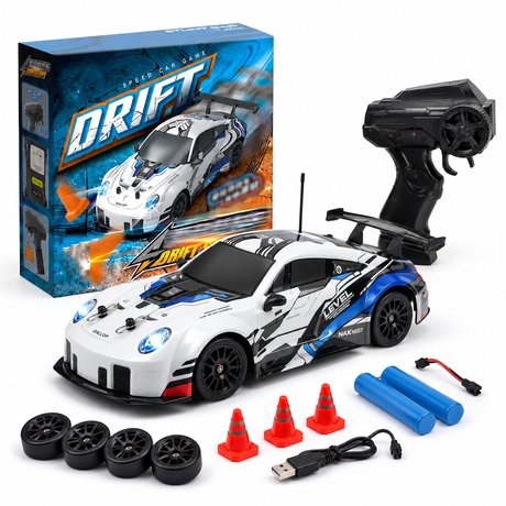 Masina RC Drift pentru Copii, Scara 1:24, Tractiune Integrala, Telecomanda 2.4 GHz, 2 Seturi de Anvelope Speed & Drift, Obstacole si Acumulator Incluse, Albastru (Copy)
