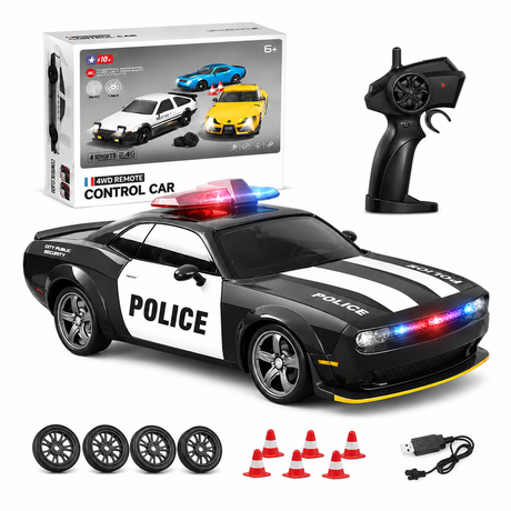 Masina RC de Politie pentru Drift, Scara 1:24, Tractiune Integrala, Telecomanda 2.4 GHz, 2 Seturi de Anvelope Speed & Drift, Acumulator Inclus, Negru