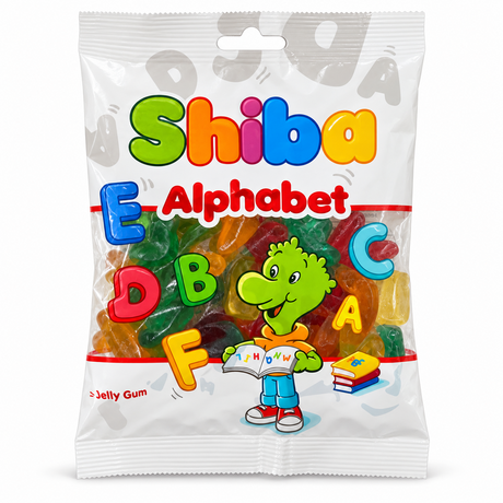 Shiba Alphabet 150 g – bomboane gumate multicolore în formă de litere, ambalaj față