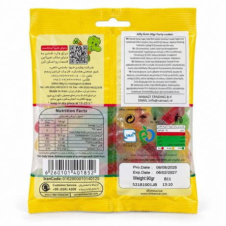 Shiba Party Snakes 90 g - ingrediente, informații nutriționale și ambalaj spate