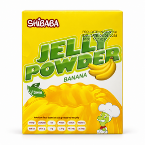 Shibaba pudră pentru jeleu cu aromă de banane 100 g, fața ambalajului