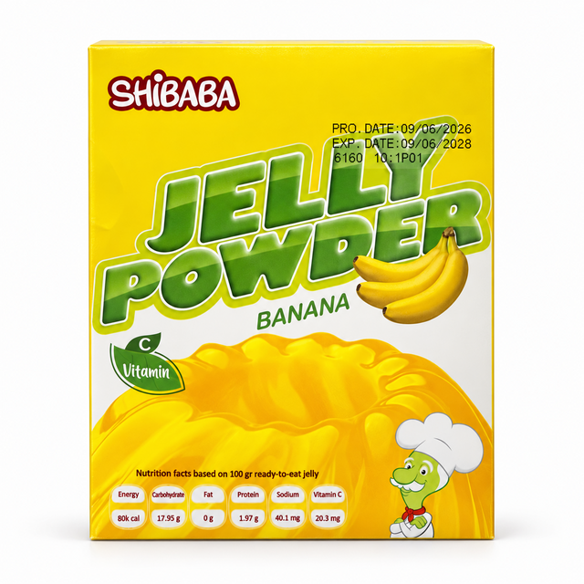 Shibaba pudră pentru jeleu cu aromă de banane 100 g, fața ambalajului